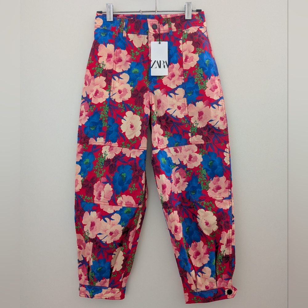 ZARA Bold Floral Cropped Cargo Ankle Pants Size S High Waist Pink Red Blue NWT - Picture 9 of 16